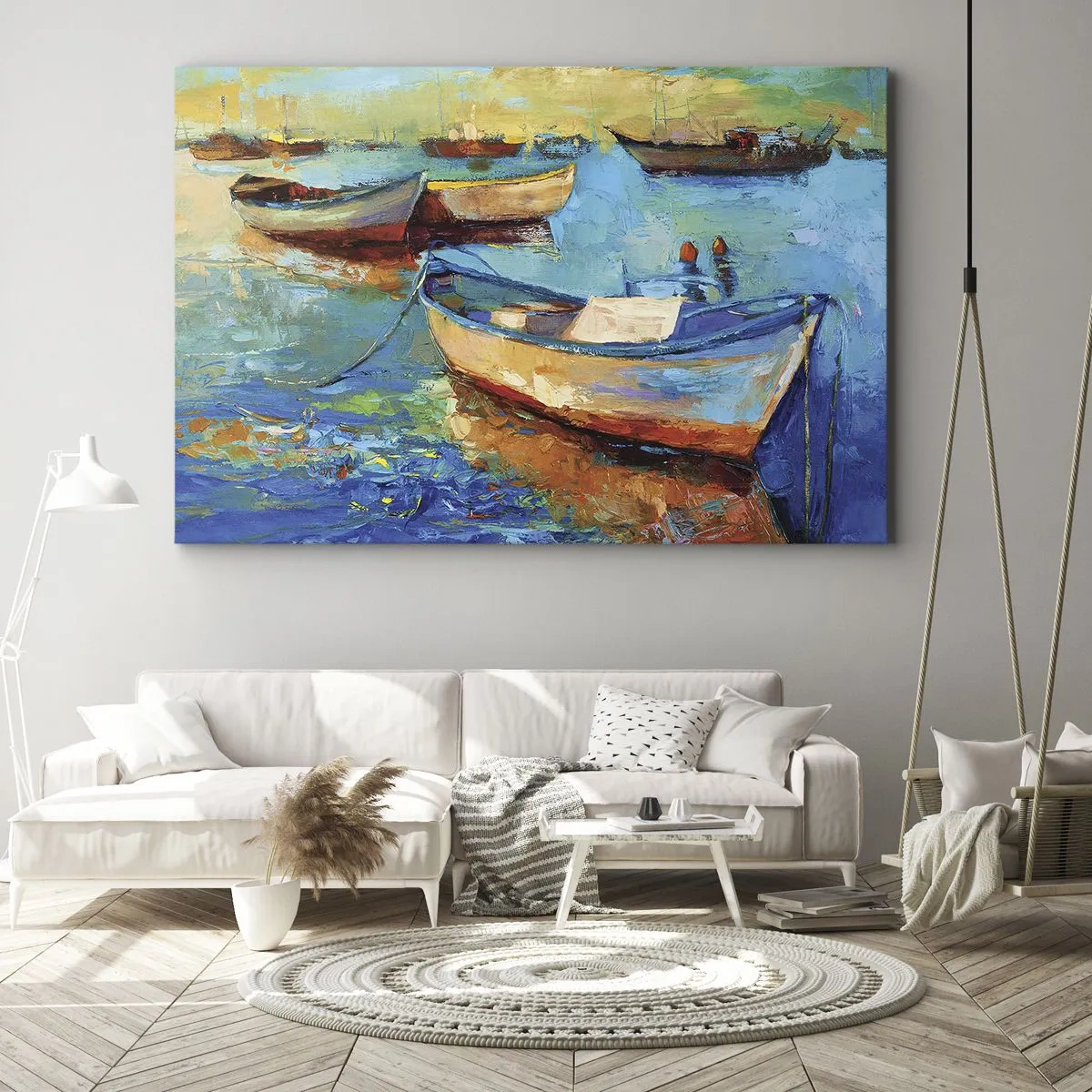 Canvastavla - Bild på duk - Färgglada båtar förtöjda på lugnt vatten - 70x50cm - I en sydlig vik - Modern väggdekoration för vardagsrum och sovrum ARTTOR