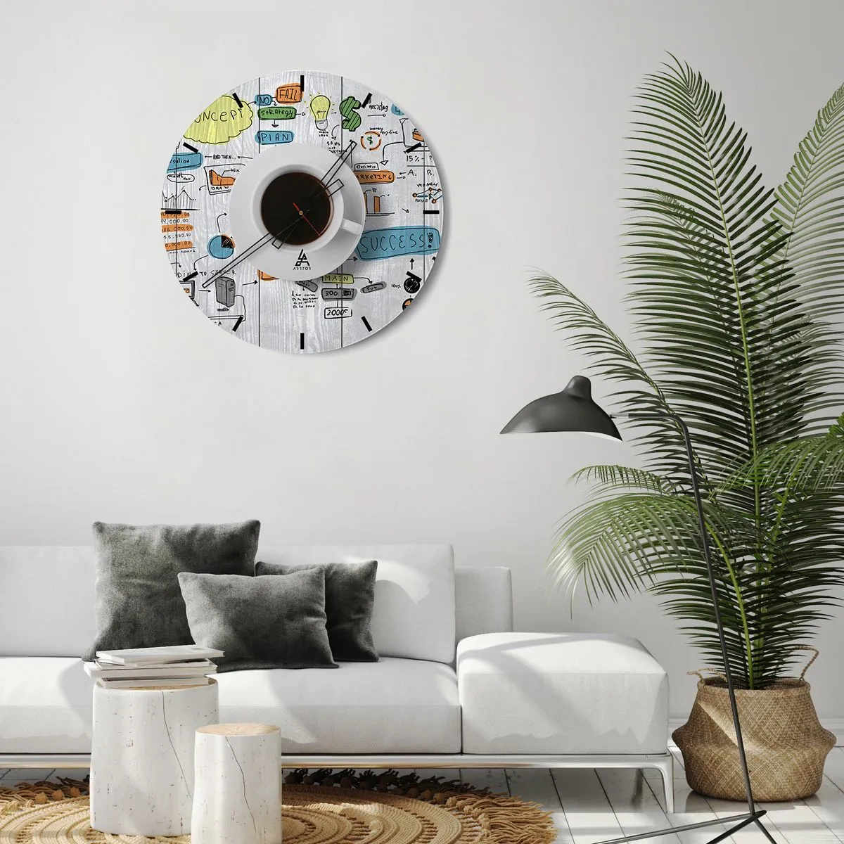 Väggklocka - Klocka på glas - En kopp kaffe mot bakgrund av en affärsplan och diagram - 30x30cm - Rastdags - Modern väggdekoration för vardagsrum, kök och sovrum ARTTOR