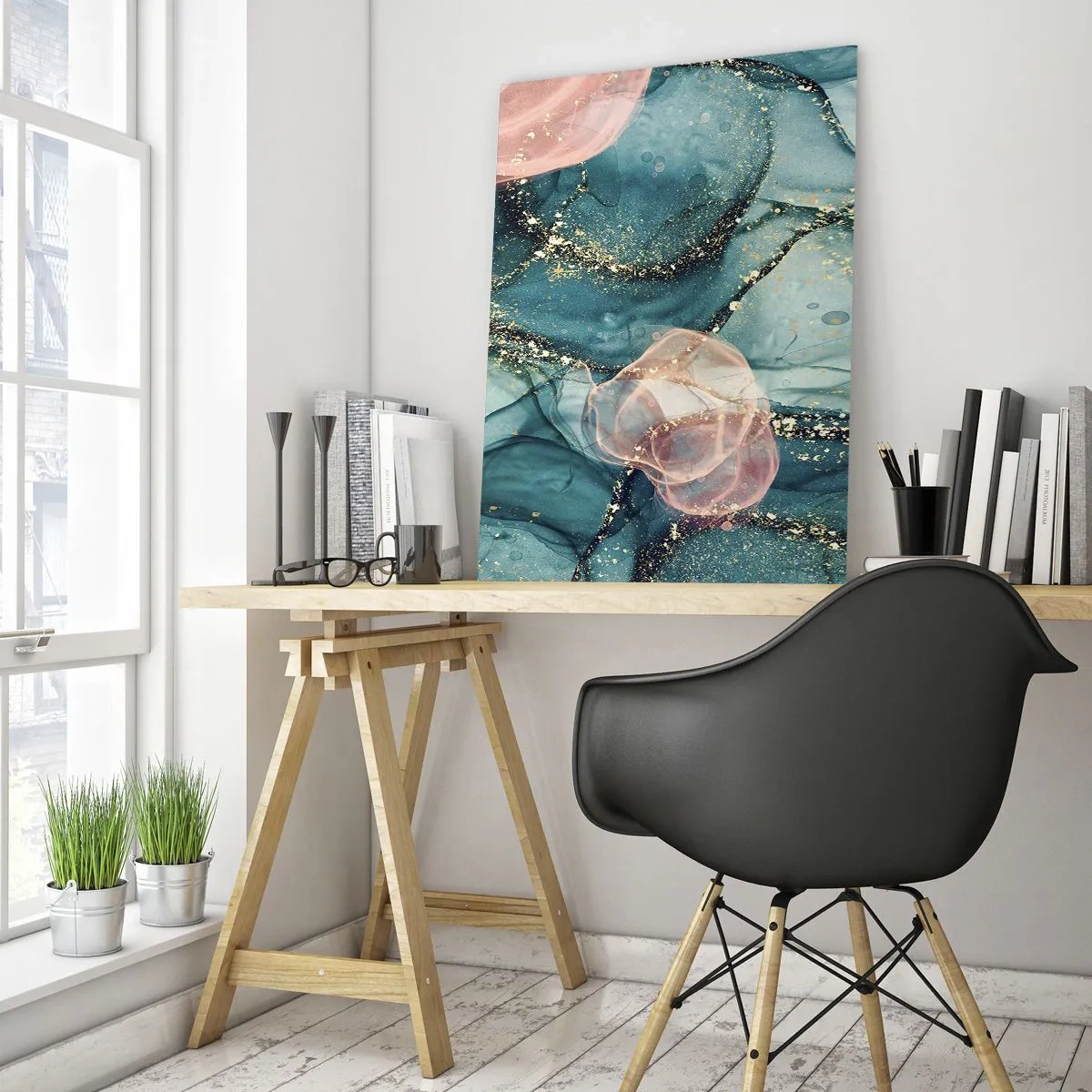Glastavla - Bild på glas - Sidenblå, tyllrosa - 50x70 cm