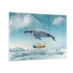 Glastavla - Bild på glas - En val lyfter ett flygplan över molnen i en surrealistisk miljö. - 70x50cm - Varför inte? - Modern väggdekoration för vardagsrum och sovrum ARTTOR