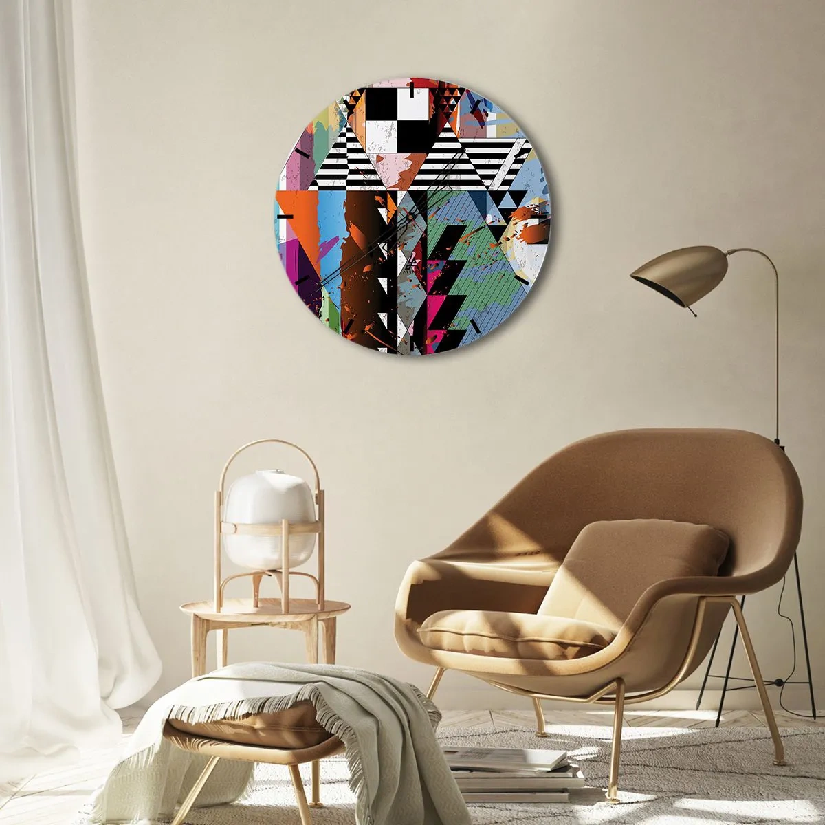 Väggklocka - Klocka på glas - Färgglatt geometriskt mönster med kontrasterande former - 30x30cm - Geometriskt och organiskt - Modern väggdekoration för vardagsrum, kök och sovrum ARTTOR