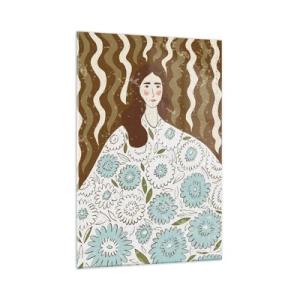 Glastavla - Bild på glas - Porträtt i blommig mantel - 70x100 cm