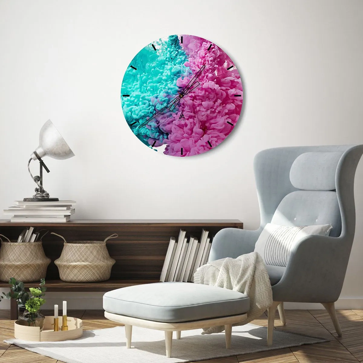 Väggklocka - Klocka på glas - Abstrakt kombination av rosa och turkosa färger - 30x30cm - Avgörande möte - Modern väggdekoration för vardagsrum, kök och sovrum ARTTOR