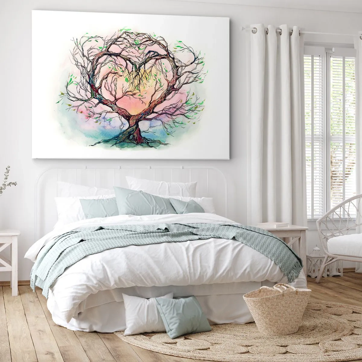 Canvastavla - Bild på duk - Ett hjärtformat träd mot en bakgrund av delikata pastellfärger - 70x50cm - Tillsammans mot stormarna - Modern väggdekoration för vardagsrum och sovrum ARTTOR