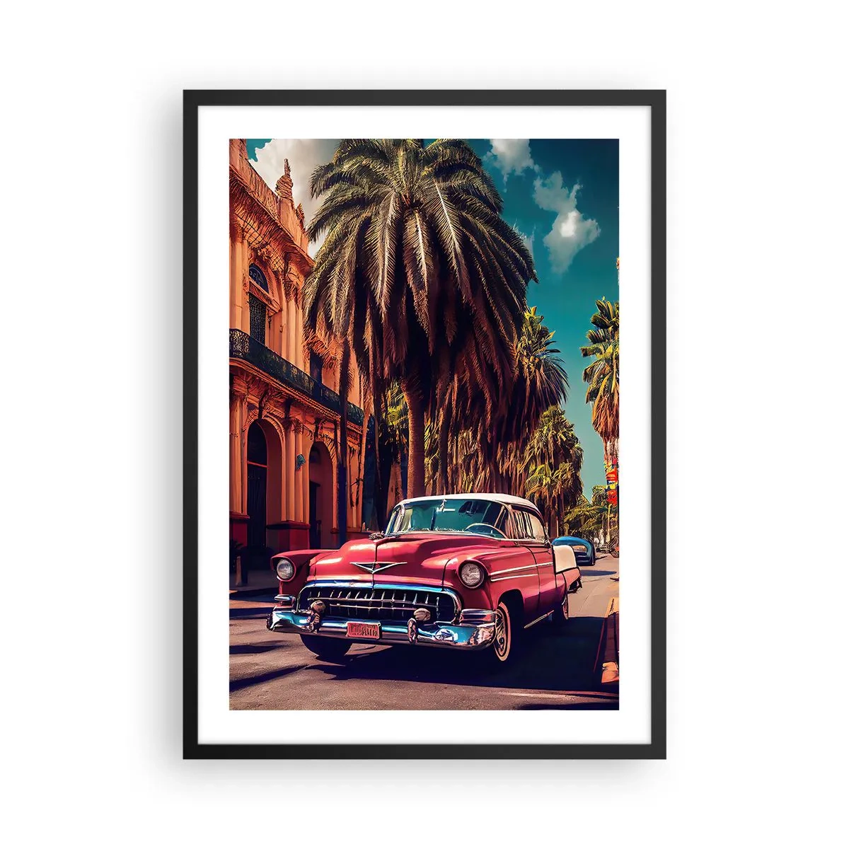 Affisch i svart ram - En klassisk bil mot bakgrund av en tropisk stad - 50x70cm - Fortfarande i Havanna - Modern väggdekoration för vardagsrum och sovrum ARTTOR