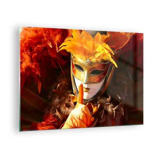 Glastavla - Bild på glas - En figur i en gyllene mask med orange fjädrar - 70x50cm - Hemligheten är en del av spelet - Modern väggdekoration för vardagsrum och sovrum ARTTOR