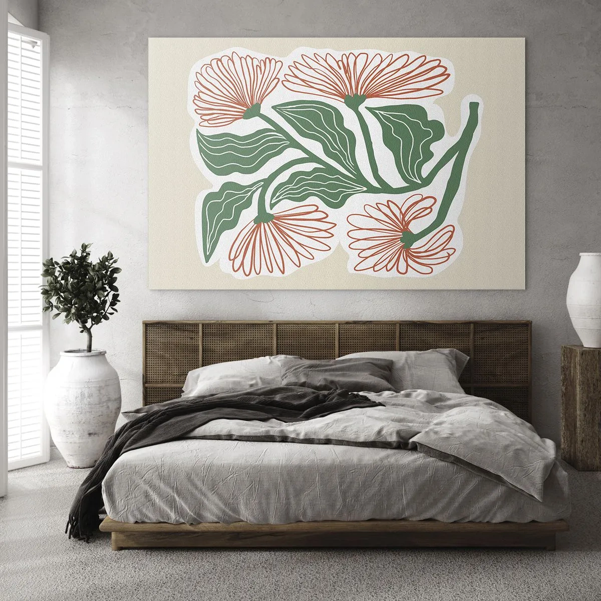 Glastavla - Bild på glas - Dekorativa blommor i folkstil mot ljus bakgrund - 70x50cm - Folkligt och modernt - Modern väggdekoration för vardagsrum och sovrum ARTTOR