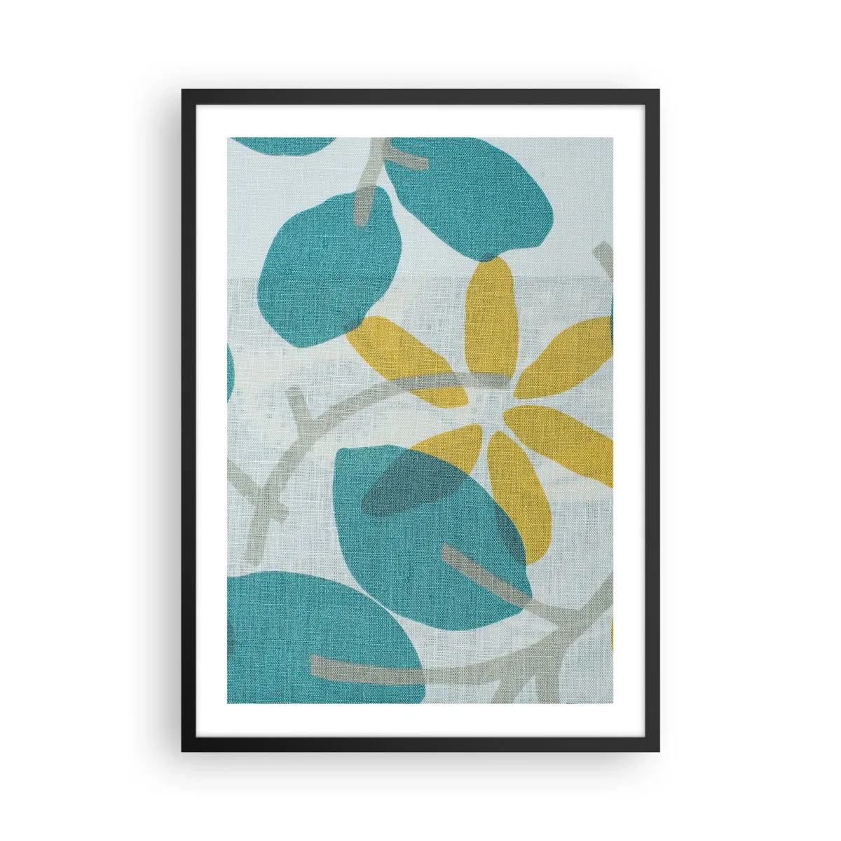 Affisch i svart ram - Modern botanisk grafik i nyanser av blått och gult - 50x70cm - Bland azurblå blad - Modern väggdekoration för vardagsrum och sovrum ARTTOR