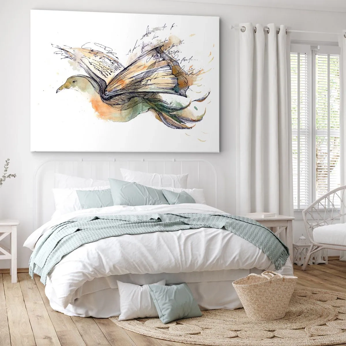 Canvastavla - Bild på duk - Konstnärlig akvarellmålning av en fågel med en bok som vingar - 70x50cm - På poesins vingar - Modern väggdekoration för vardagsrum och sovrum ARTTOR