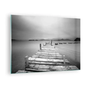 Glastavla - Bild på glas - Träbrygga över en lugn sjö i svartvitt - 70x50cm - Bortom bergen och hav - Modern väggdekoration för vardagsrum och sovrum ARTTOR