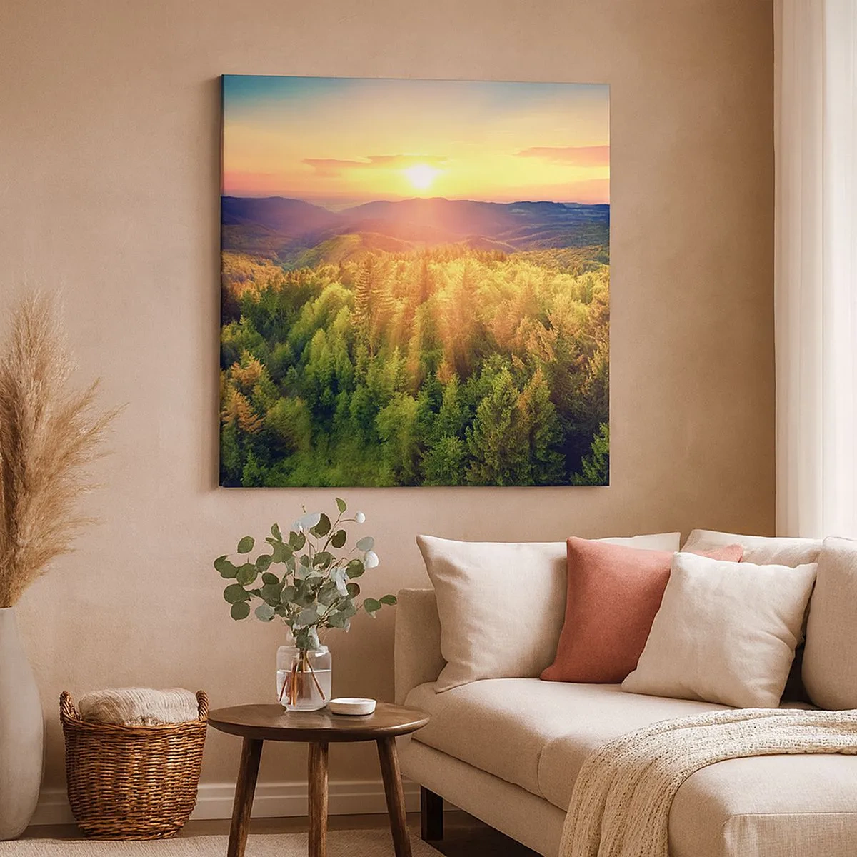 Canvastavla - Bild på duk - Trädtoppar och bergstoppar - 30x30 cm