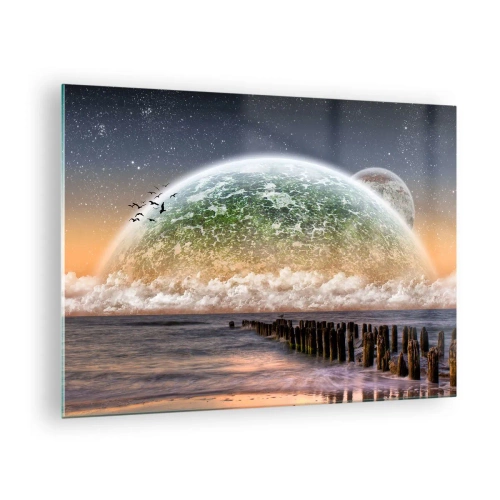 Glastavla - Bild på glas - Solnedgång över planeten och havet - 70x50cm - Och världen uppstod ur vatten - Modern väggdekoration för vardagsrum och sovrum ARTTOR
