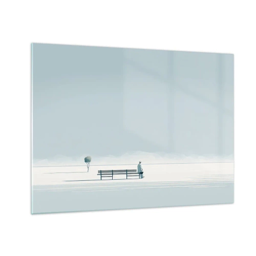 Glastavla - Bild på glas - En figur vid en bänk i ett minimalistiskt landskap - 70x50cm - Ja, jag väntar. - Modern väggdekoration för vardagsrum och sovrum ARTTOR