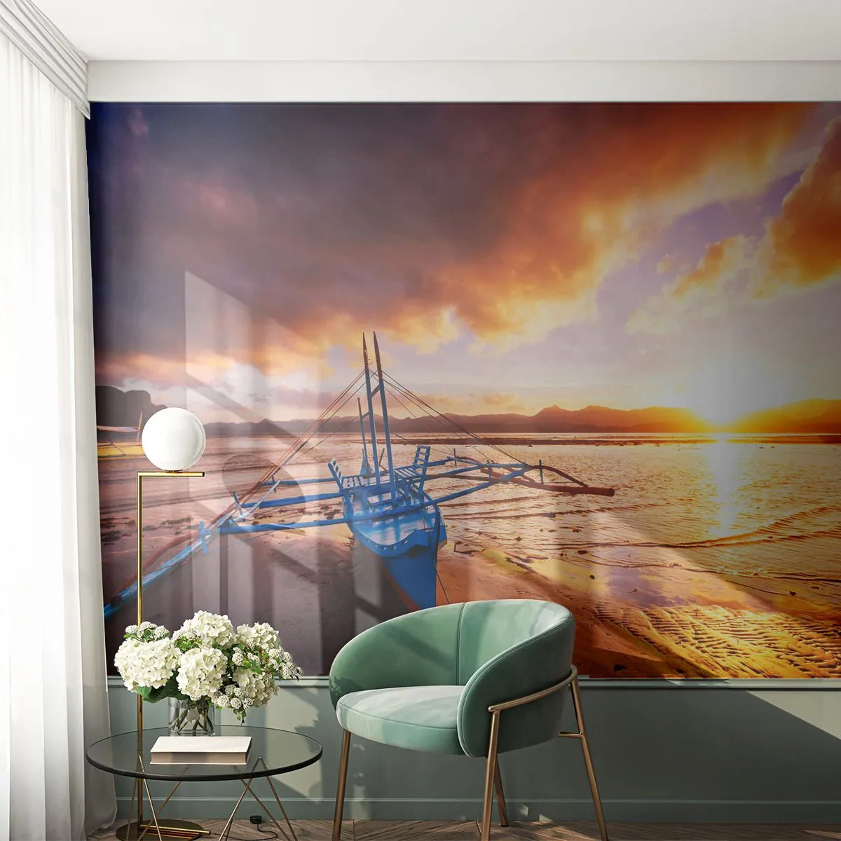 Självhäftande Fototapet Deluxe Sticker - Lägga sig på sanden efter hela dan - Landskap, Hav, Fiskebåt - 250x175 cm