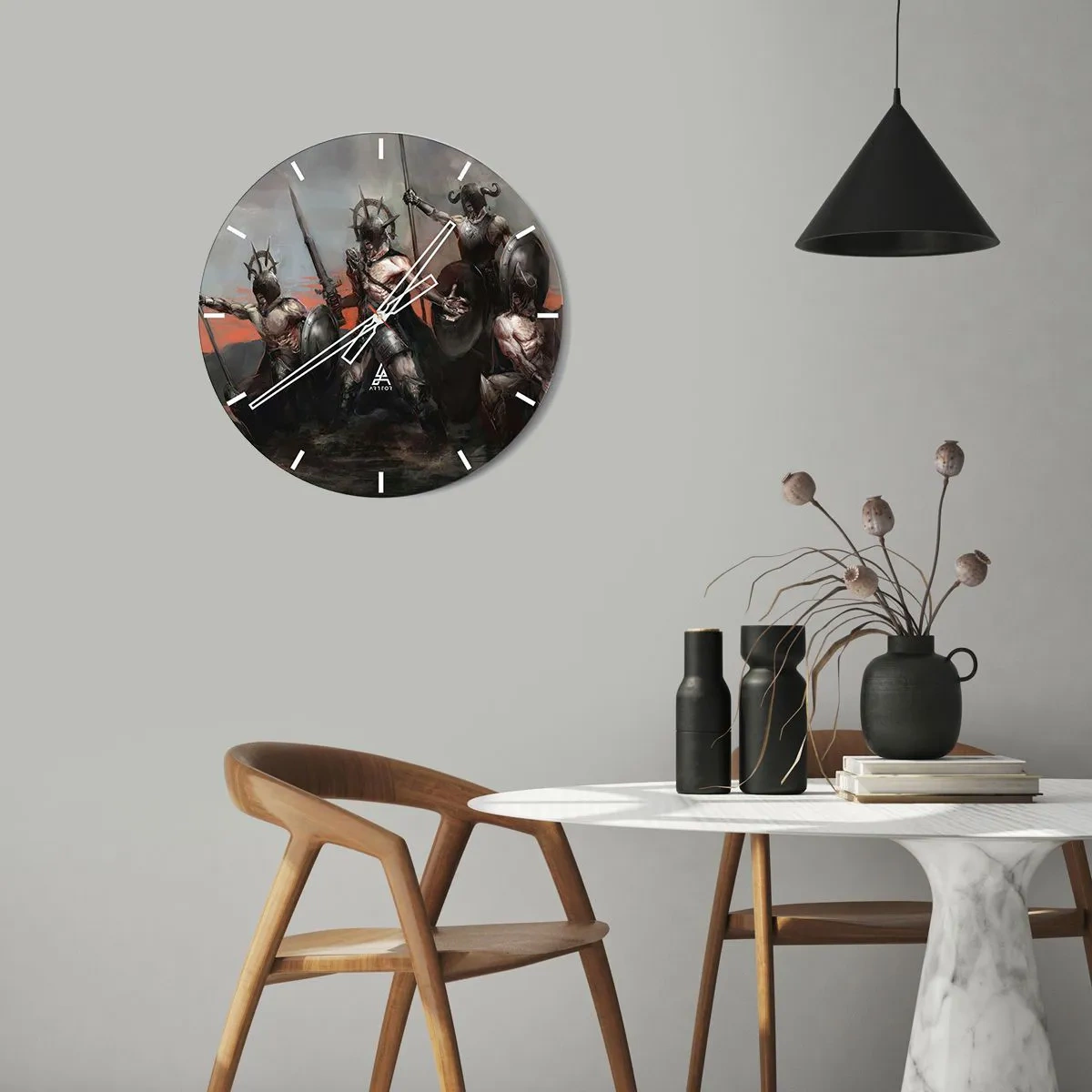 Väggklocka - Klocka på glas - En grupp bepansrade krigare med sköldar och spjut i en dynamisk scen - 30x30cm - Med eller på skölden - Modern väggdekoration för vardagsrum, kök och sovrum ARTTOR