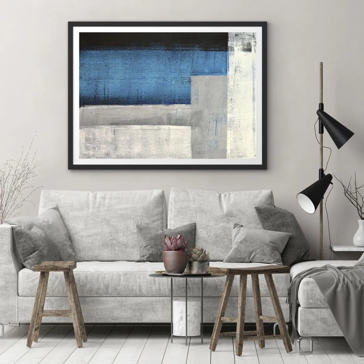 Affisch i svart ram - Poetisk komposition av grått och blått - 70x50 cm