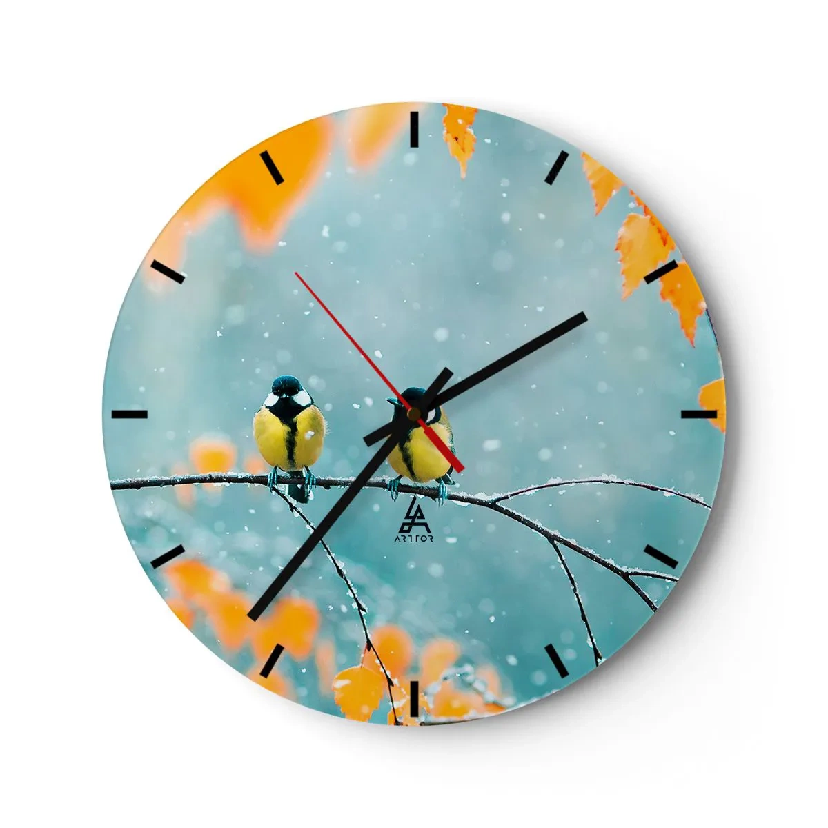 Väggklocka - Klocka på glas - Två mesar på en snötäckt gren i ett vinterlandskap - 30x30cm - Fåglarnas skvaller - Modern väggdekoration för vardagsrum, kök och sovrum ARTTOR
