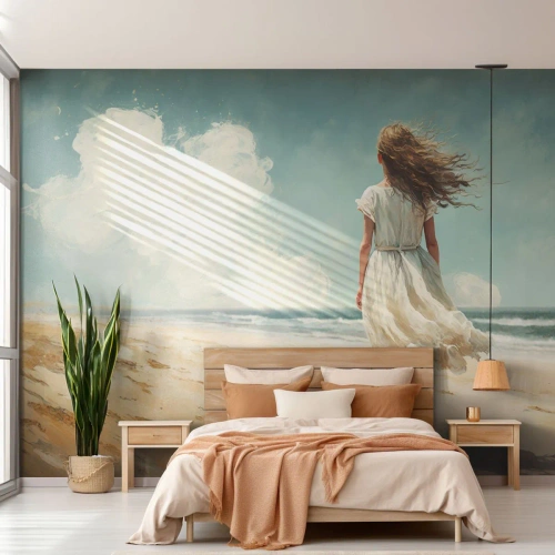 Fototapet Premium Canvas - Att möta solen och vinden - Flicka, Strand, Gå - 100x70 cm
