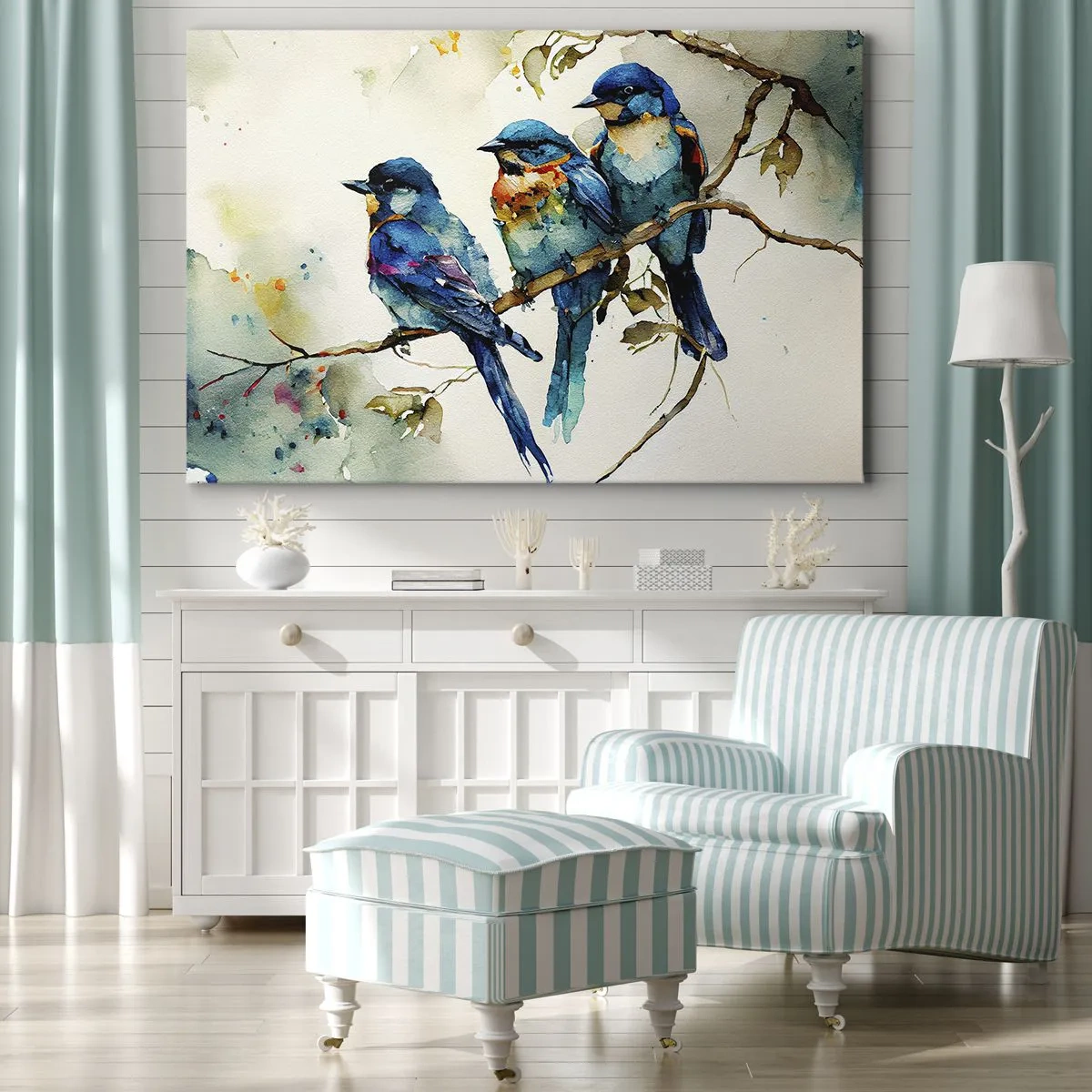 Canvastavla - Bild på duk - Tre färgglada fåglar på en gren i akvarellstil - 70x50cm - Sur? - Modern väggdekoration för vardagsrum och sovrum ARTTOR
