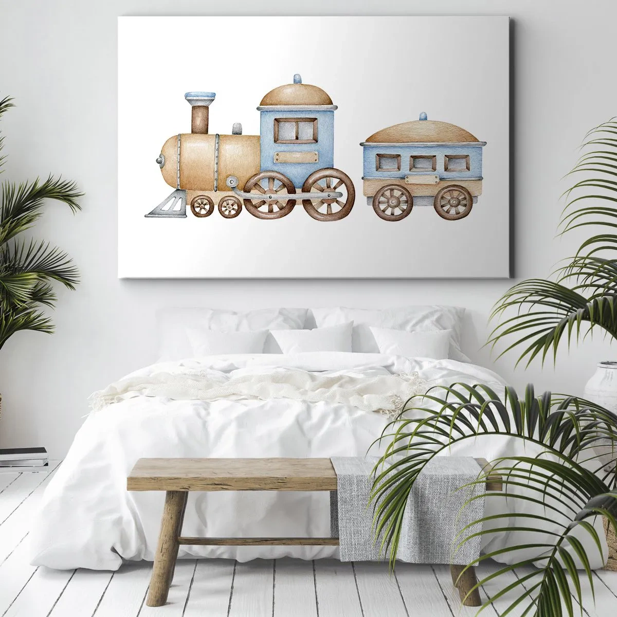Canvastavla - Bild på duk - Teckning av ett tåg i pastellfärger på vit bakgrund - 70x50cm - Stående vid stationen... - Modern väggdekoration för vardagsrum och sovrum ARTTOR