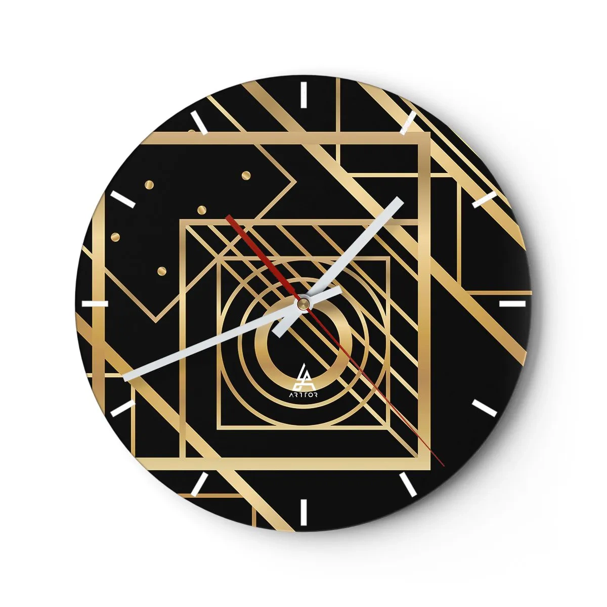 Väggklocka - Klocka på glas - Gyllene geometriskt mönster på svart bakgrund - 30x30cm - Gyllene geometri - Modern väggdekoration för vardagsrum, kök och sovrum ARTTOR