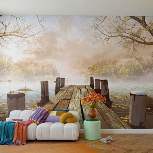 Självhäftande Fototapet Deluxe Sticker - Höstledsen - Landskap, Sjö, Träbro - 500x350 cm