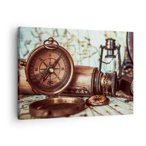 Canvastavla - Bild på duk - Ett retroset med kompass, teleskop och karta i resetema - 70x50cm - Piratäventyret i Karibien väntar - Modern väggdekoration för vardagsrum och sovrum ARTTOR