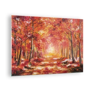 Glastavla - Bild på glas - Höstlandskap med träd i varma färger - 70x50cm - Kopparskog - Modern väggdekoration för vardagsrum och sovrum ARTTOR