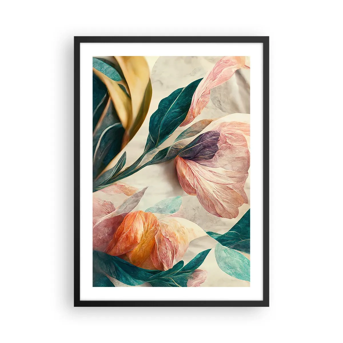 Affisch i svart ram - Färgglada blommor och blad i en konstnärlig komposition - 50x70cm - Blommor av de södra öarna - Modern väggdekoration för vardagsrum och sovrum ARTTOR