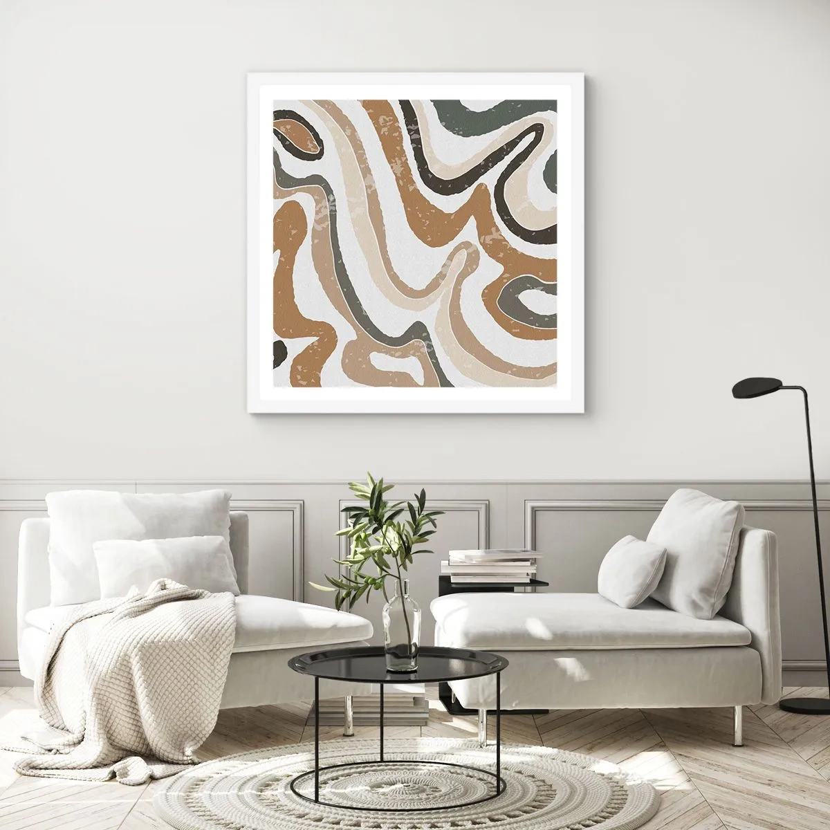 Affisch i vit ram - Meandrar av jordnära färger - 40x40 cm