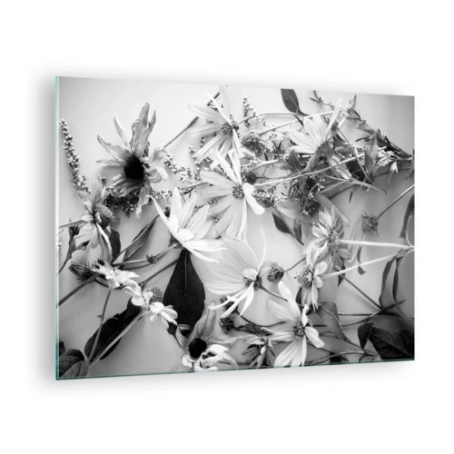 Glastavla - Bild på glas - Spridda svartvita blommor i ett konstnärligt arrangemang - 70x50cm - Icke-blombukett - Modern väggdekoration för vardagsrum och sovrum ARTTOR