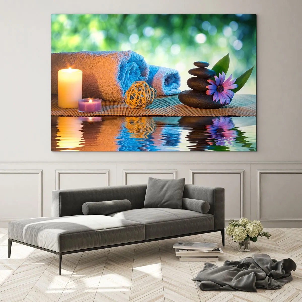 Glastavla - Bild på glas - Spa med handdukar, ljus och stenar mot en naturlig bakgrund - 70x50cm - Tid för kroppen - Modern väggdekoration för vardagsrum och sovrum ARTTOR