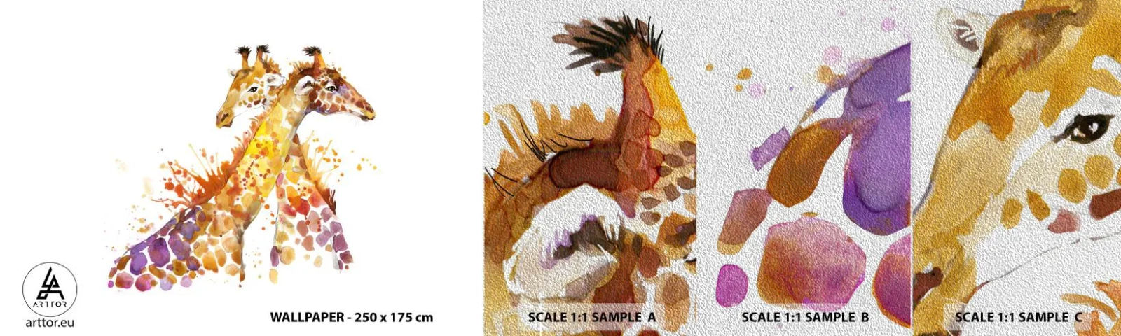 Provbit av fototapet Premium Sand - Är det vänskap eller kärlek? - Djur, Giraff, Grafik - 100x30 cm