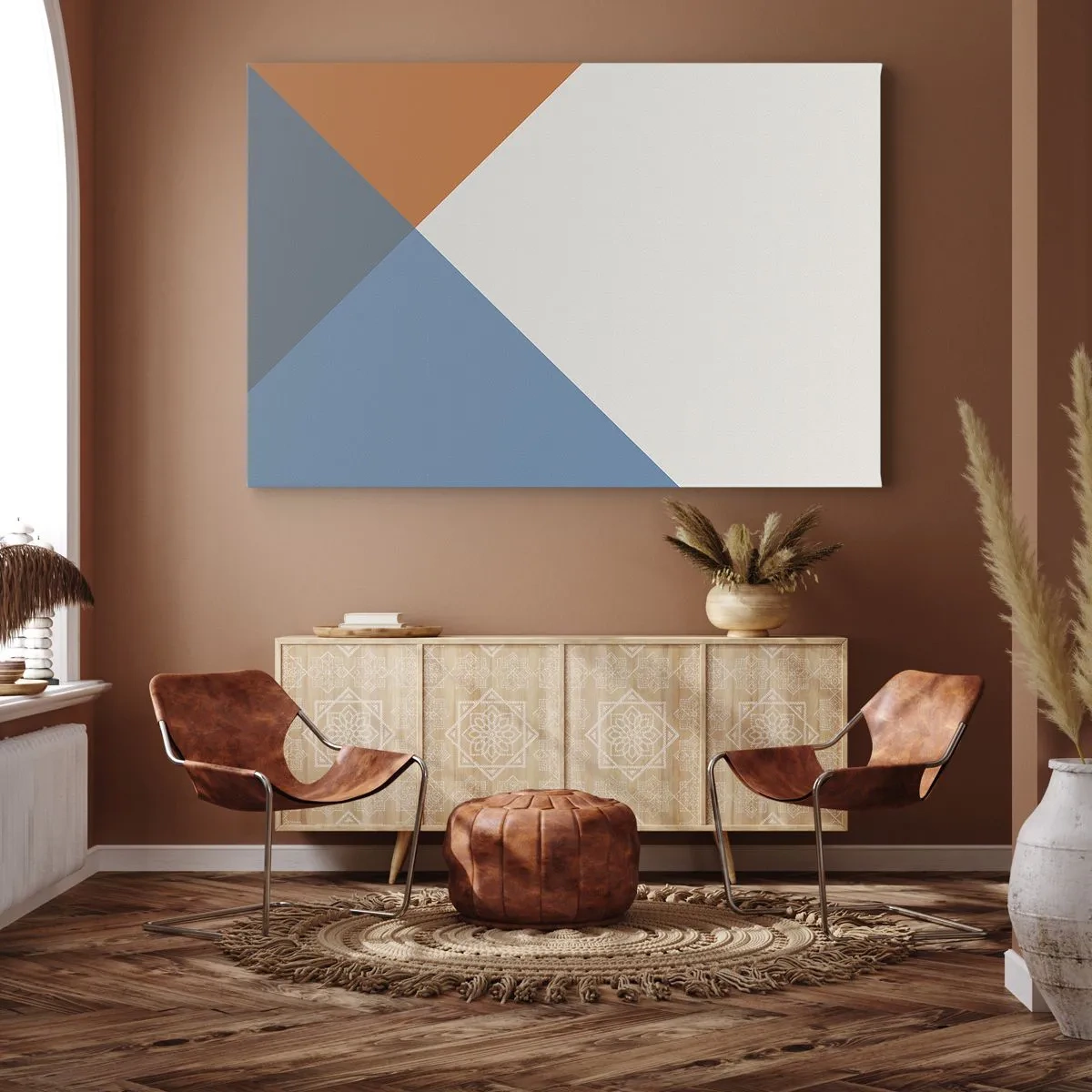 Canvastavla - Bild på duk - Geometriska trianglar i nyanser av blått och orange - 70x50cm - Under vinkel… - Modern väggdekoration för vardagsrum och sovrum ARTTOR