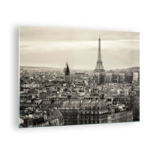 Glastavla - Bild på glas - Ett panorama över Paris med utsikt över Eiffeltornet i sepiatoner - 70x50cm - Över Paris tak - Modern väggdekoration för vardagsrum och sovrum ARTTOR
