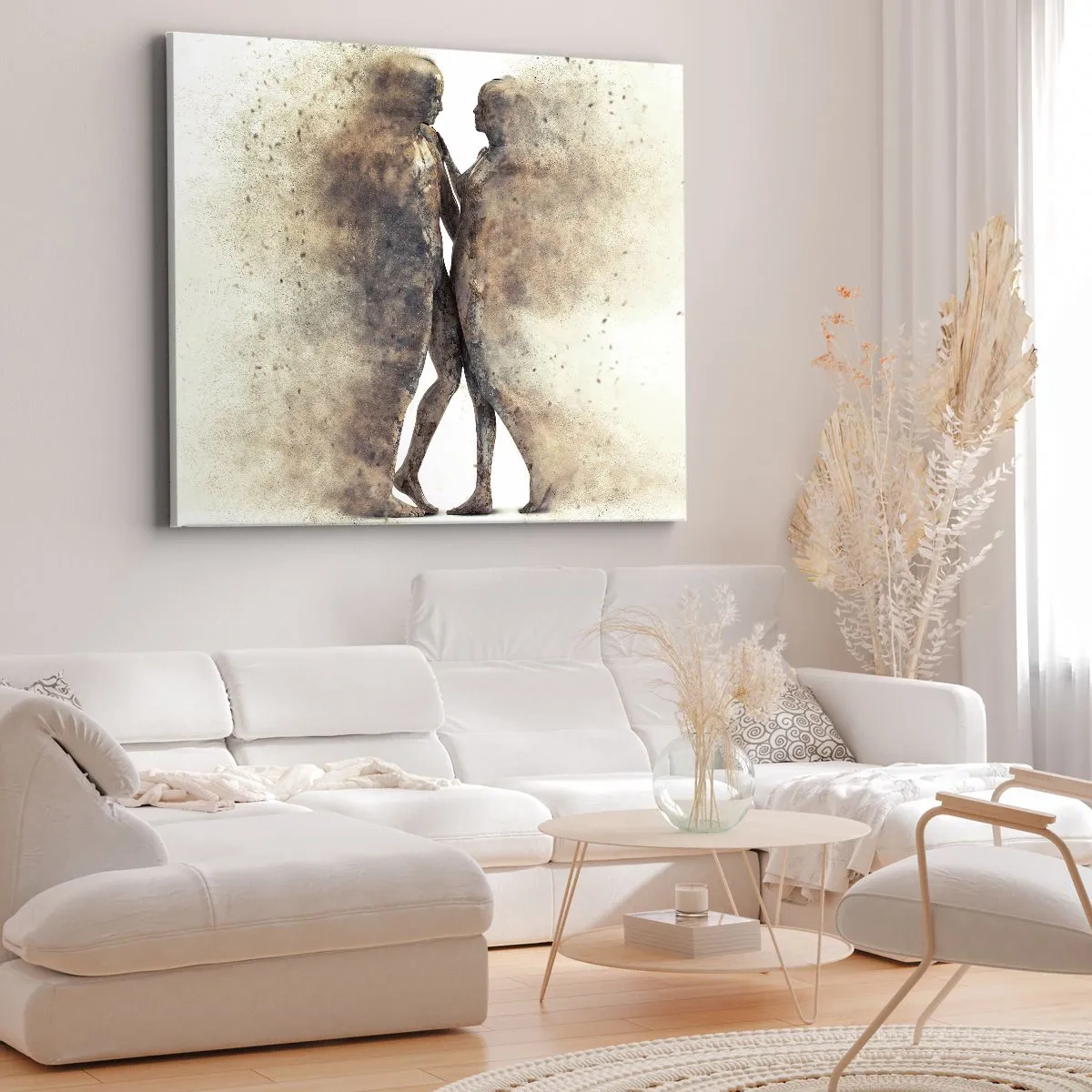 Canvastavla - Bild på duk - En abstrakt duo av silhuetter i sandfärgade nyanser - 70x50cm - Uppstådda ur aska för att älska - Modern väggdekoration för vardagsrum och sovrum ARTTOR