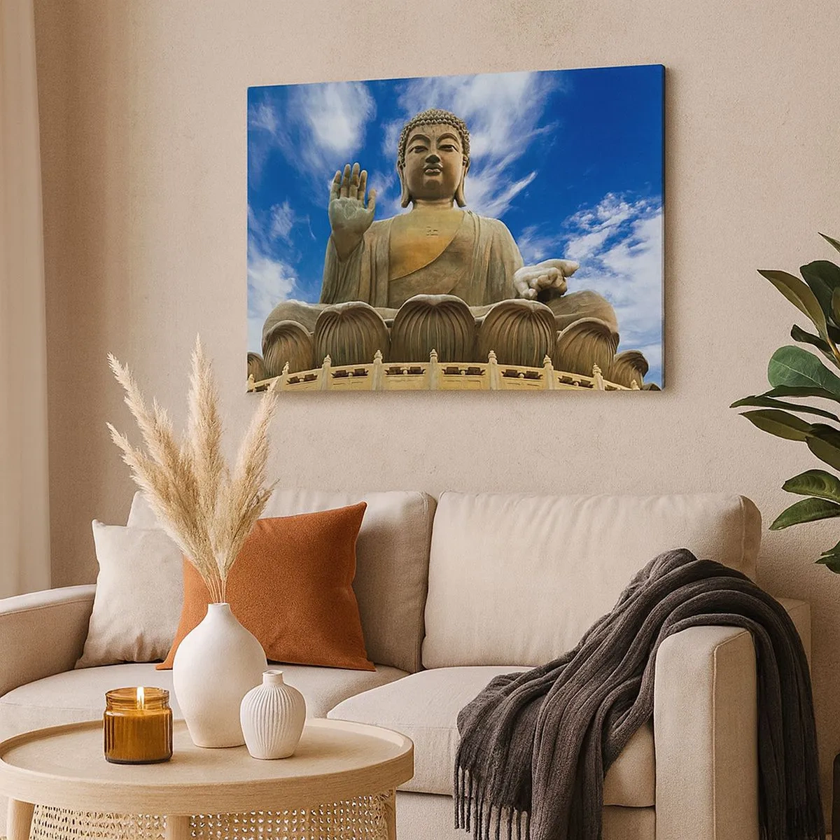 Canvastavla - Bild på duk - En monumental Buddhastaty mot en blå himmel med moln - 70x50cm - Lev utan rädsla - Modern väggdekoration för vardagsrum och sovrum ARTTOR