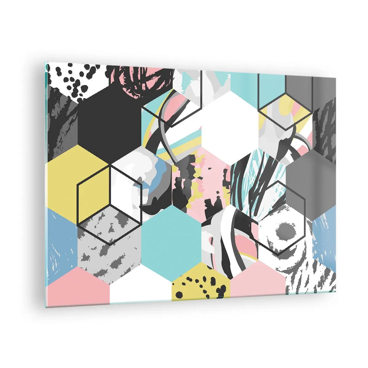 Glastavla - Bild på glas - Färgglada kuber och hexagoner i en modern komposition - 70x50cm - Sexkanter och kuber i sex färger - Modern väggdekoration för vardagsrum och sovrum ARTTOR