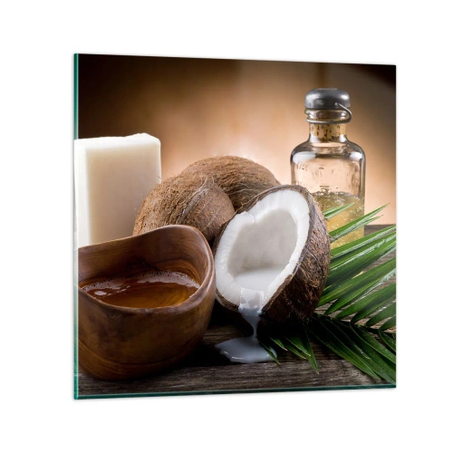Glastavla - Bild på glas - Hälsa från tropiska öar - 50x50 cm