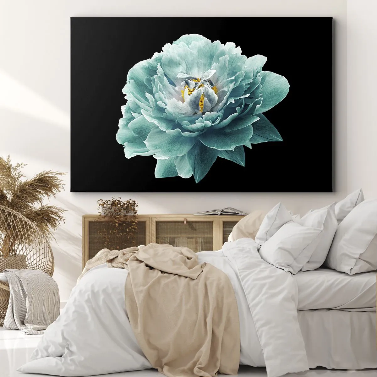 Canvastavla - Bild på duk - Turkos pionblomma på svart bakgrund - 70x50cm - Blå och gyllene kronblad - Modern väggdekoration för vardagsrum och sovrum ARTTOR