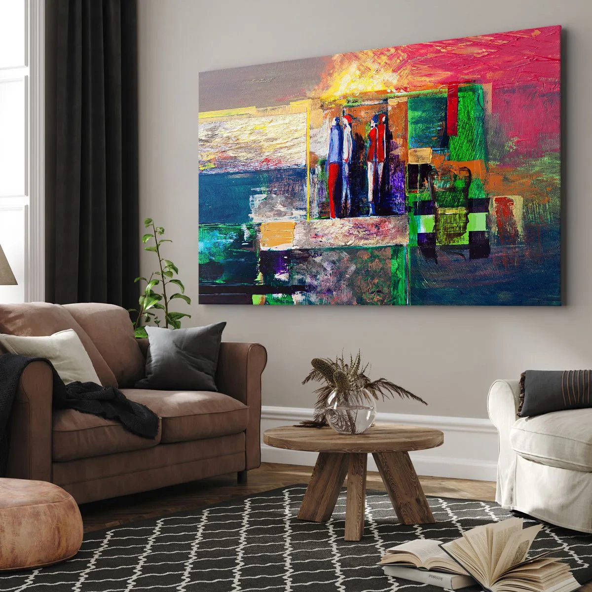 Canvastavla - Bild på duk - Abstrakt komposition med figurer och geometriska mönster - 70x50cm - Relationer och emotioner - Modern väggdekoration för vardagsrum och sovrum ARTTOR