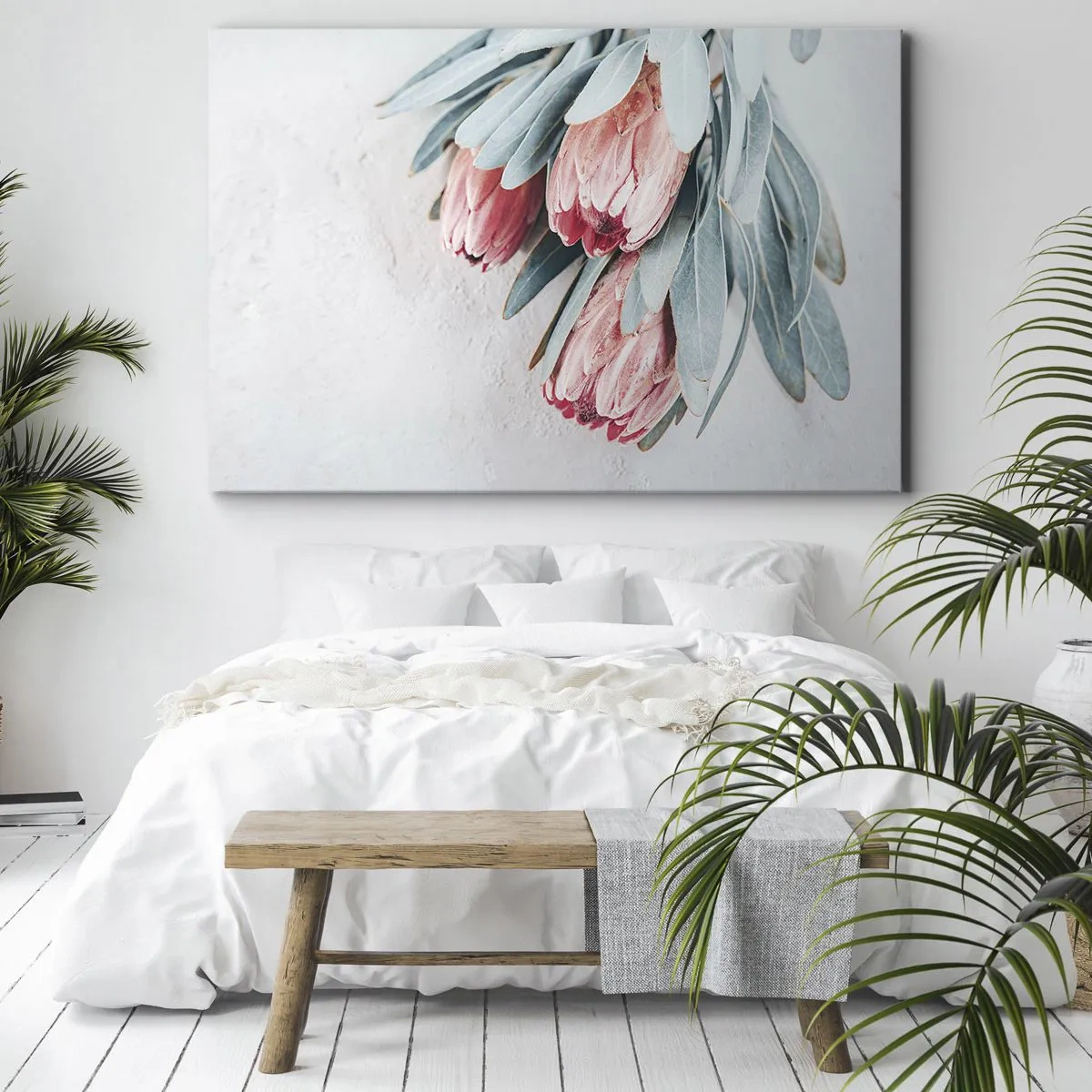 Canvastavla - Bild på duk - Subtila rosa proteablommor på en ljus bakgrund - 70x50cm - Generad av sin skönhet - Modern väggdekoration för vardagsrum och sovrum ARTTOR