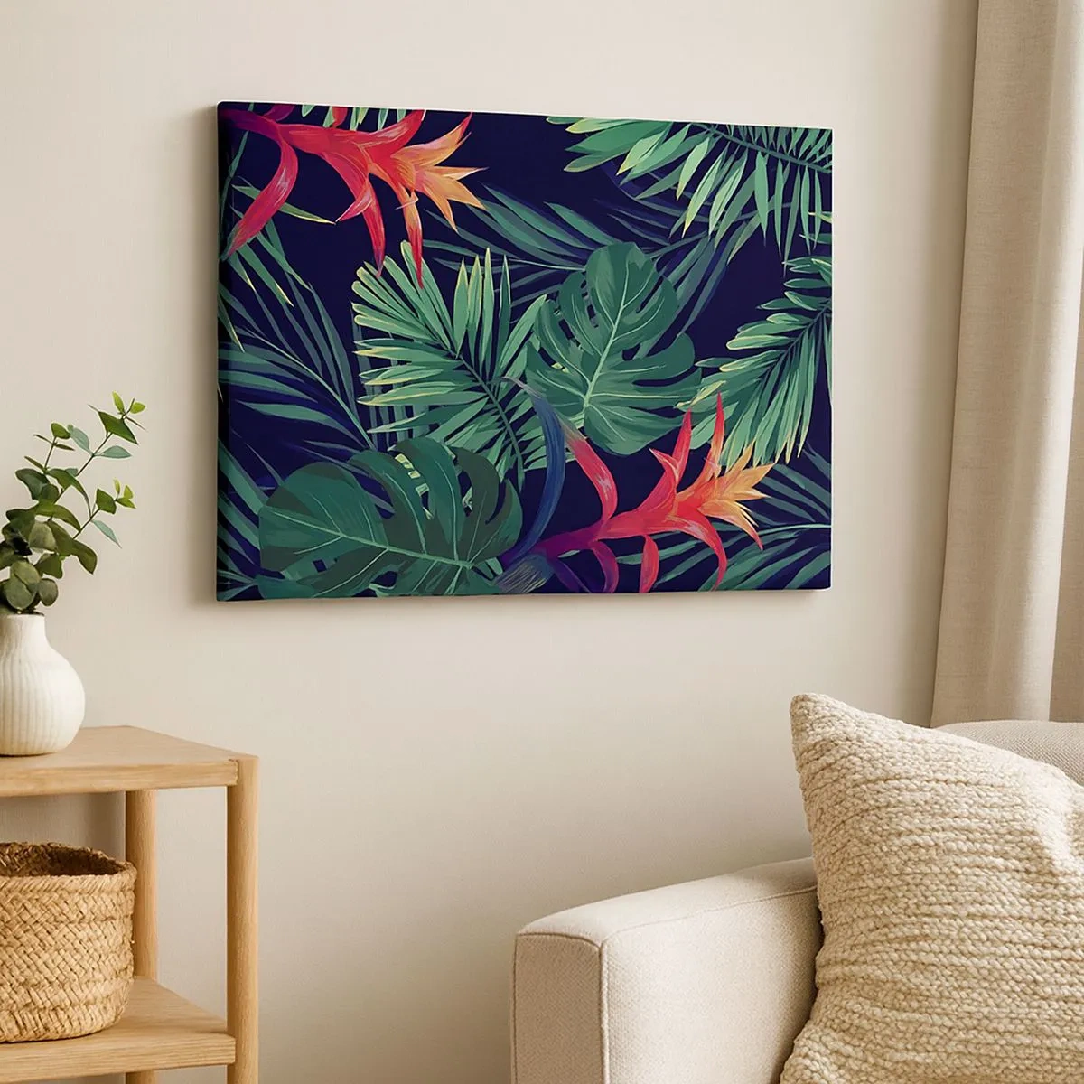 Canvastavla - Bild på duk - Tropiska löv och blommor på en mörk bakgrund - 70x50cm - Brinna i grönskan - Modern väggdekoration för vardagsrum och sovrum ARTTOR