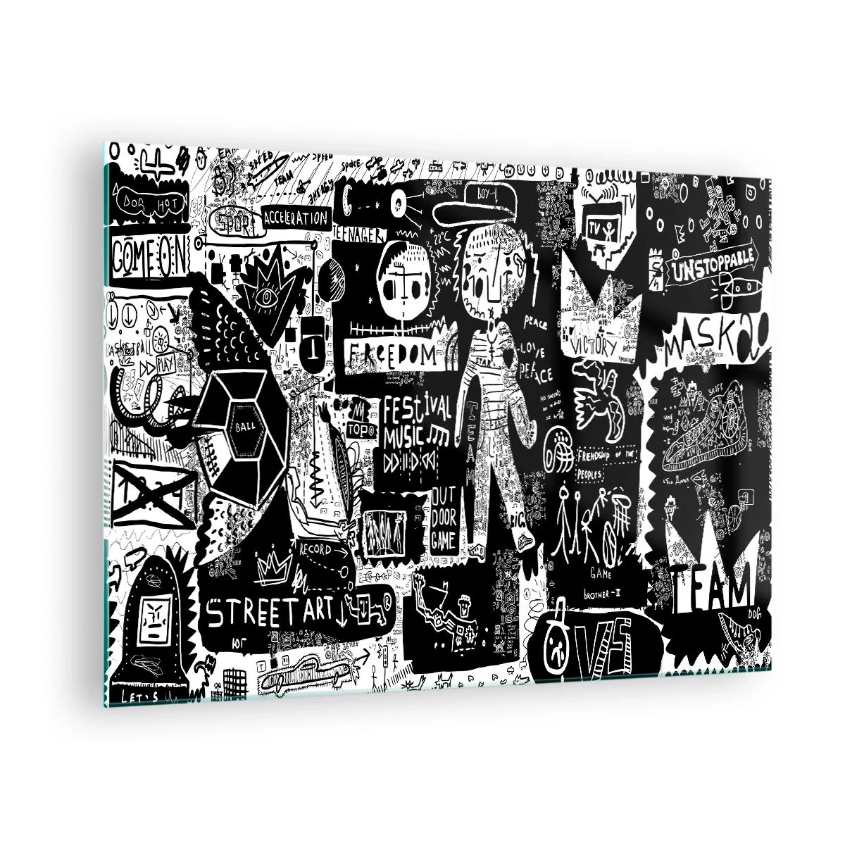Glastavla - Bild på glas - Svartvit gatukonstgrafik med karaktärer och symboler - 70x50cm - Unga själens rättigheter och glädje - Modern väggdekoration för vardagsrum och sovrum ARTTOR