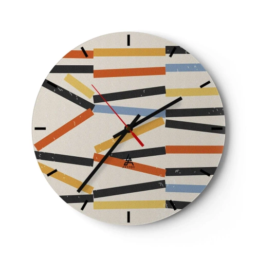 Väggklocka - Klocka på glas - Färgade och svarta rektanglar arrangerade horisontellt på en ljus bakgrund - 30x30cm - Horisontell komposition - Modern väggdekoration för vardagsrum, kök och sovrum ARTTOR