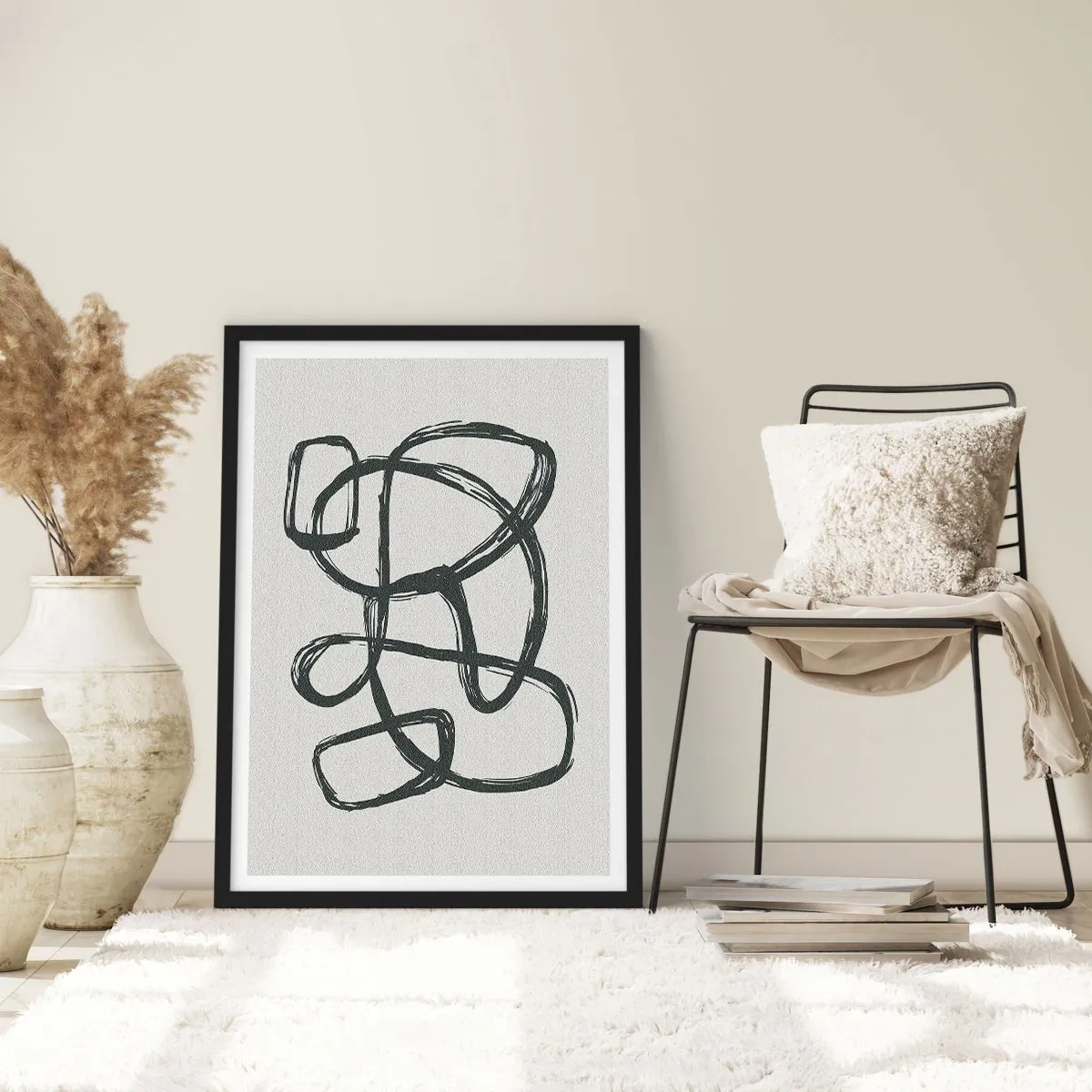 Affisch i svart ram - Abstrakt svart linje på en ljus bakgrund - 50x70cm - Loopad abstraktion - Modern väggdekoration för vardagsrum och sovrum ARTTOR