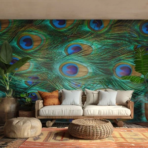 Fototapet Standard Eco - Påfågels blick - Abstraktion, Påfågelfjädrar, Fågelfjäder - 350x256 cm