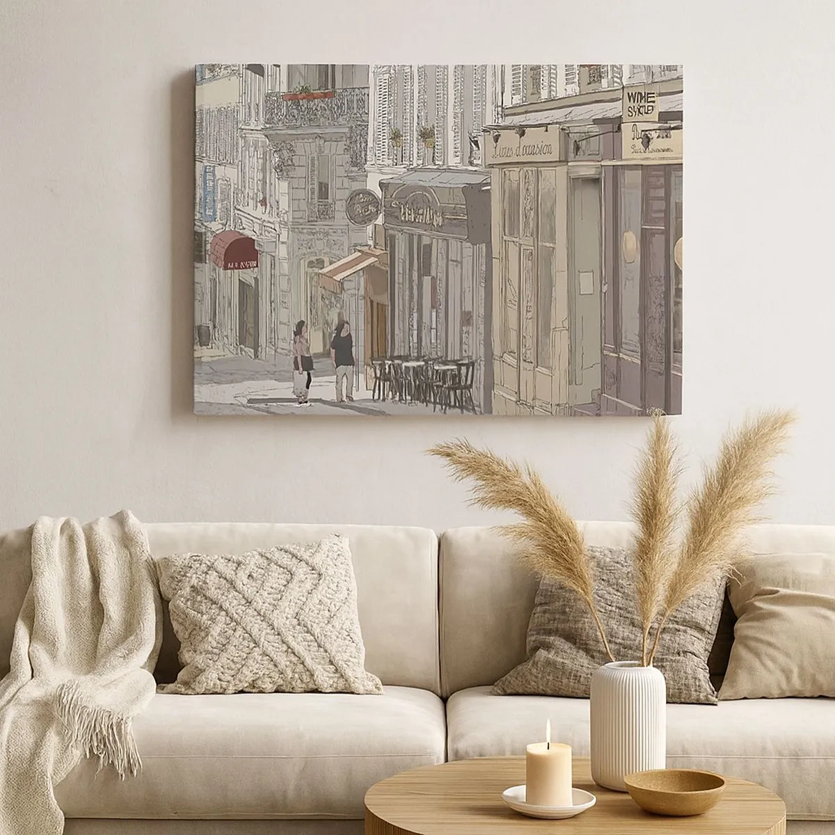 Canvastavla - Bild på duk - Illustration av en stadsgata med kaféer och butiker - 70x50cm - Stadens nöjen - Modern väggdekoration för vardagsrum och sovrum ARTTOR