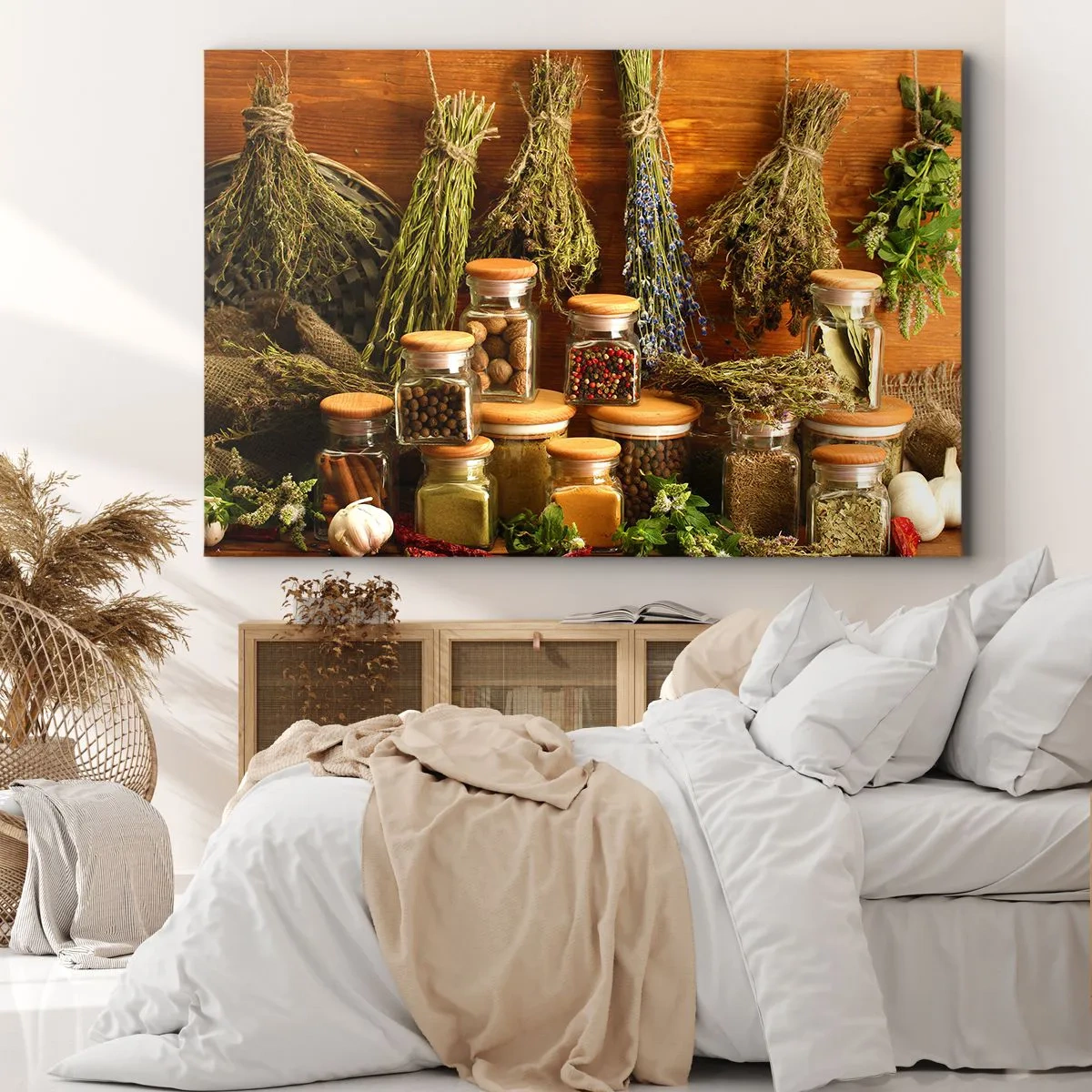 Canvastavla - Bild på duk - Örter och kryddor i burkar på en rustik bakgrund - 70x50cm - Trolldom i köket - Modern väggdekoration för vardagsrum och sovrum ARTTOR