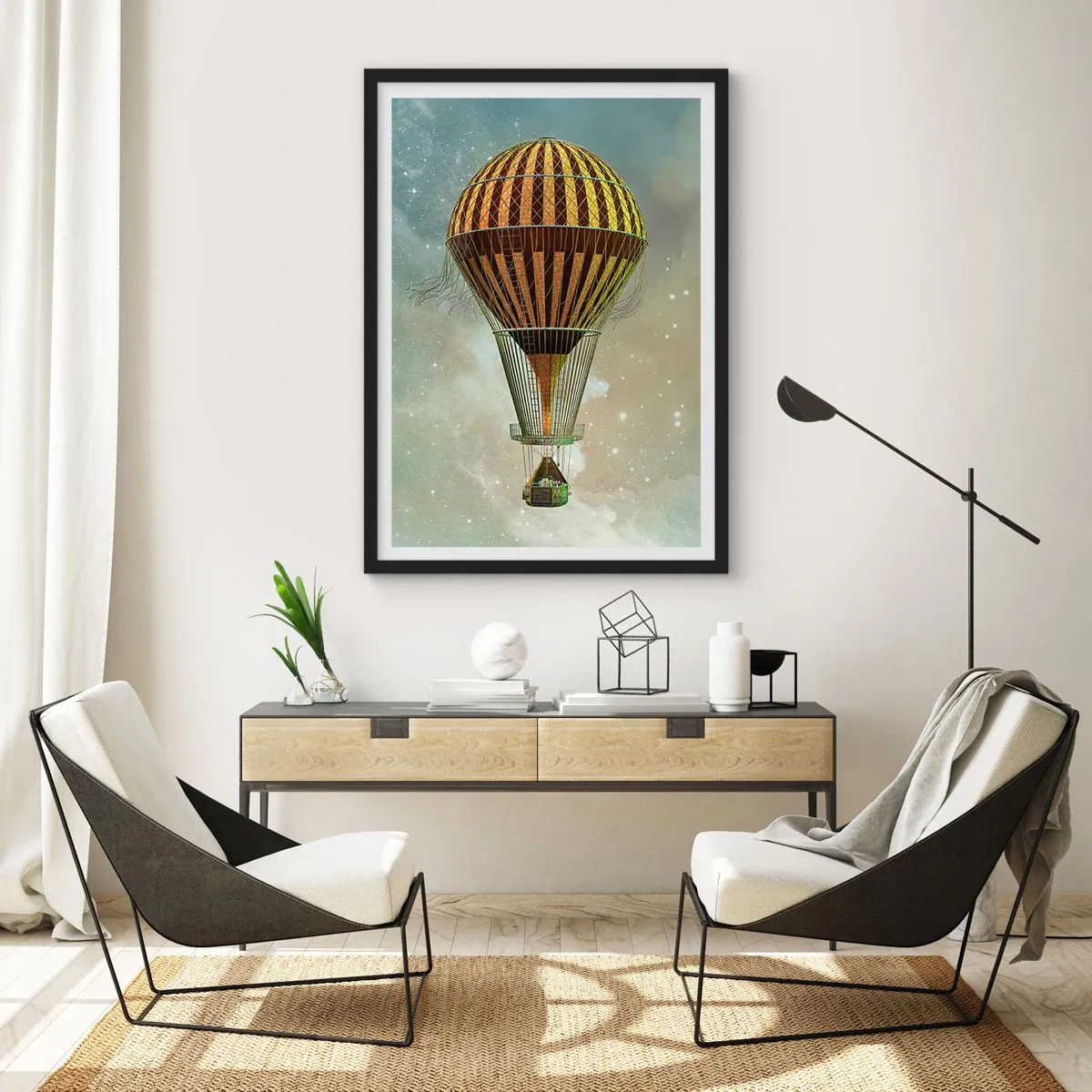 Affisch i svart ram - En gyllene ballong som svävar i yttre rymden - 50x70cm - Banbrytande flygningar - Modern väggdekoration för vardagsrum och sovrum ARTTOR